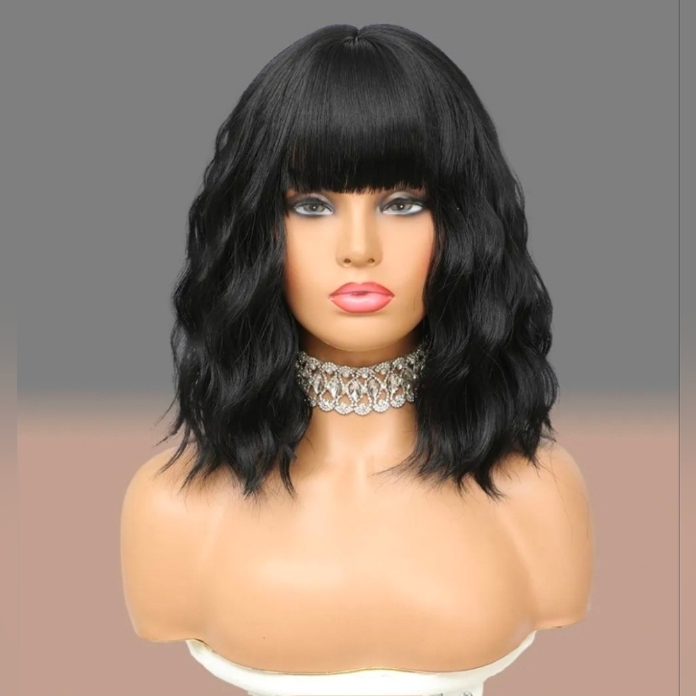 14 Inch Black Wavy Synthetic Hair Wig With Bang